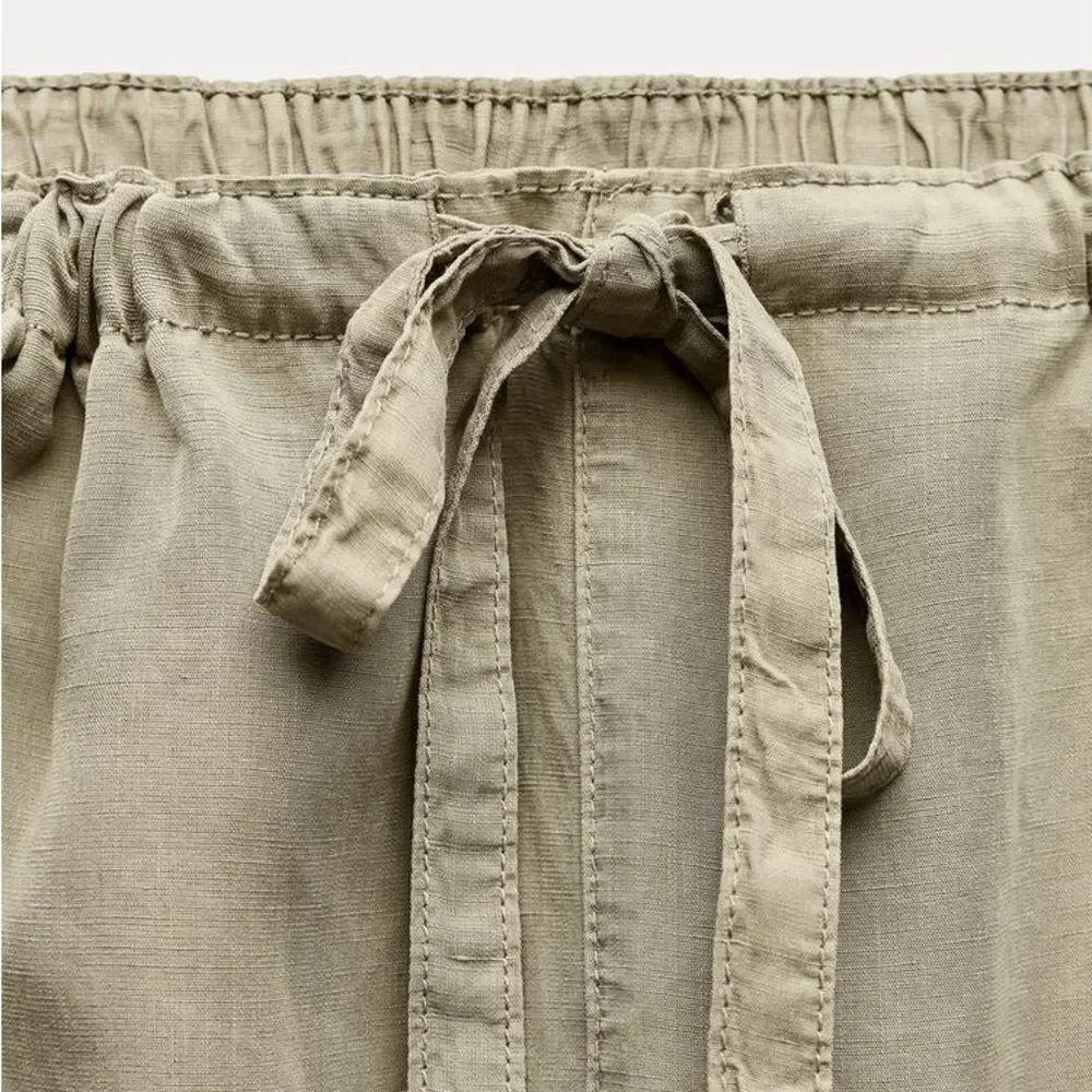 NWT ZARA ZW COLLECTION PAJAMA PANTS LIGHT KHAKI GREEN SMALL